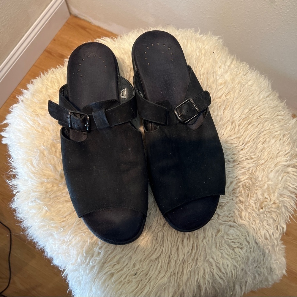 MEPHISTO Black Suede Open Toe Slip On Sandals. Size 42